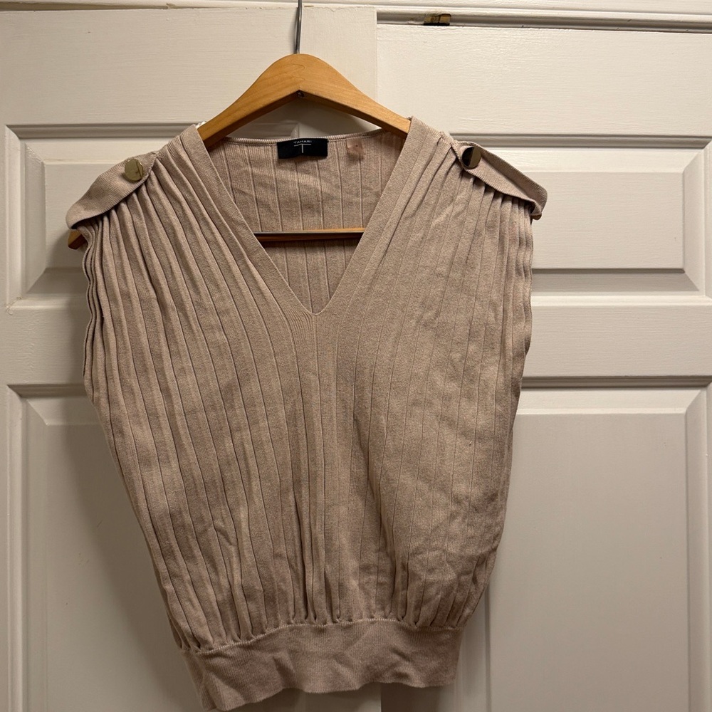 Tahari Tan Beige Sleeveless V-Neck Cropped Tank‎ military Size S/P